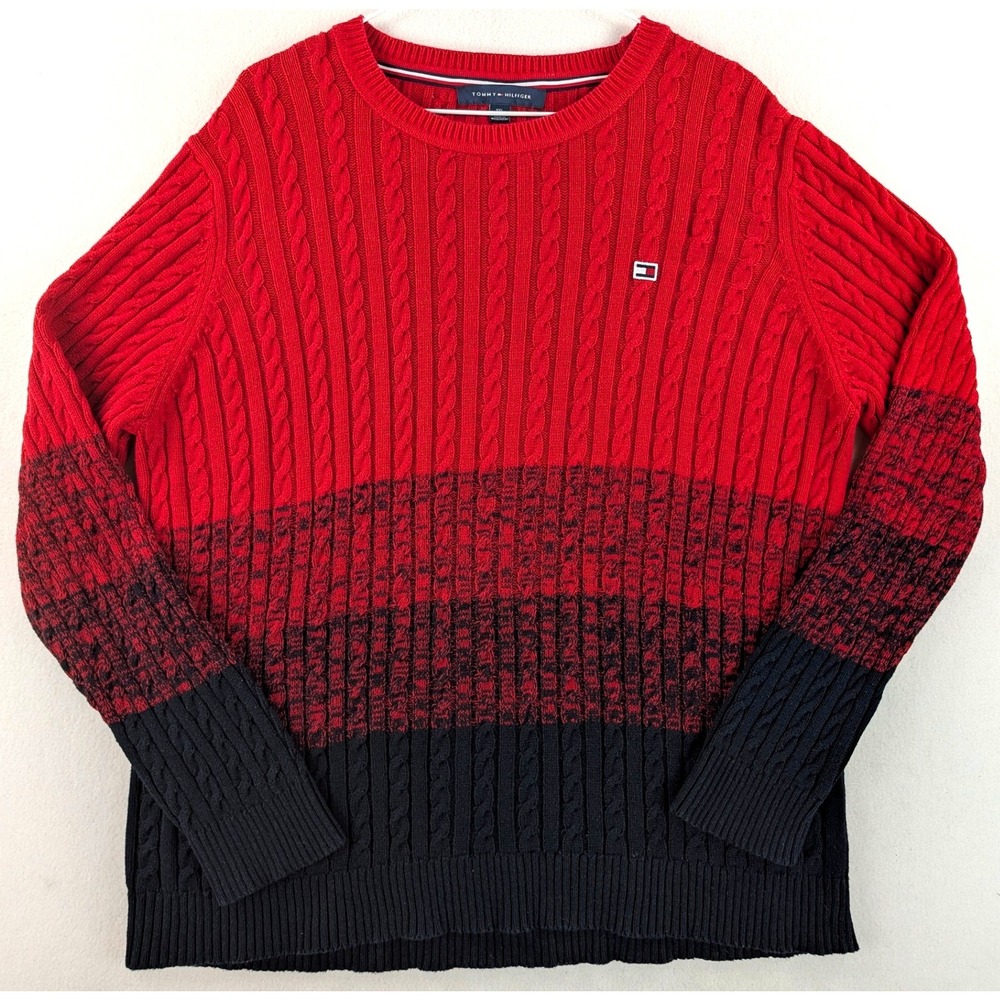 Tommy Hilfiger Sweater Womens XXL Red Navy Blue Colorblock Cotton Cable Knit